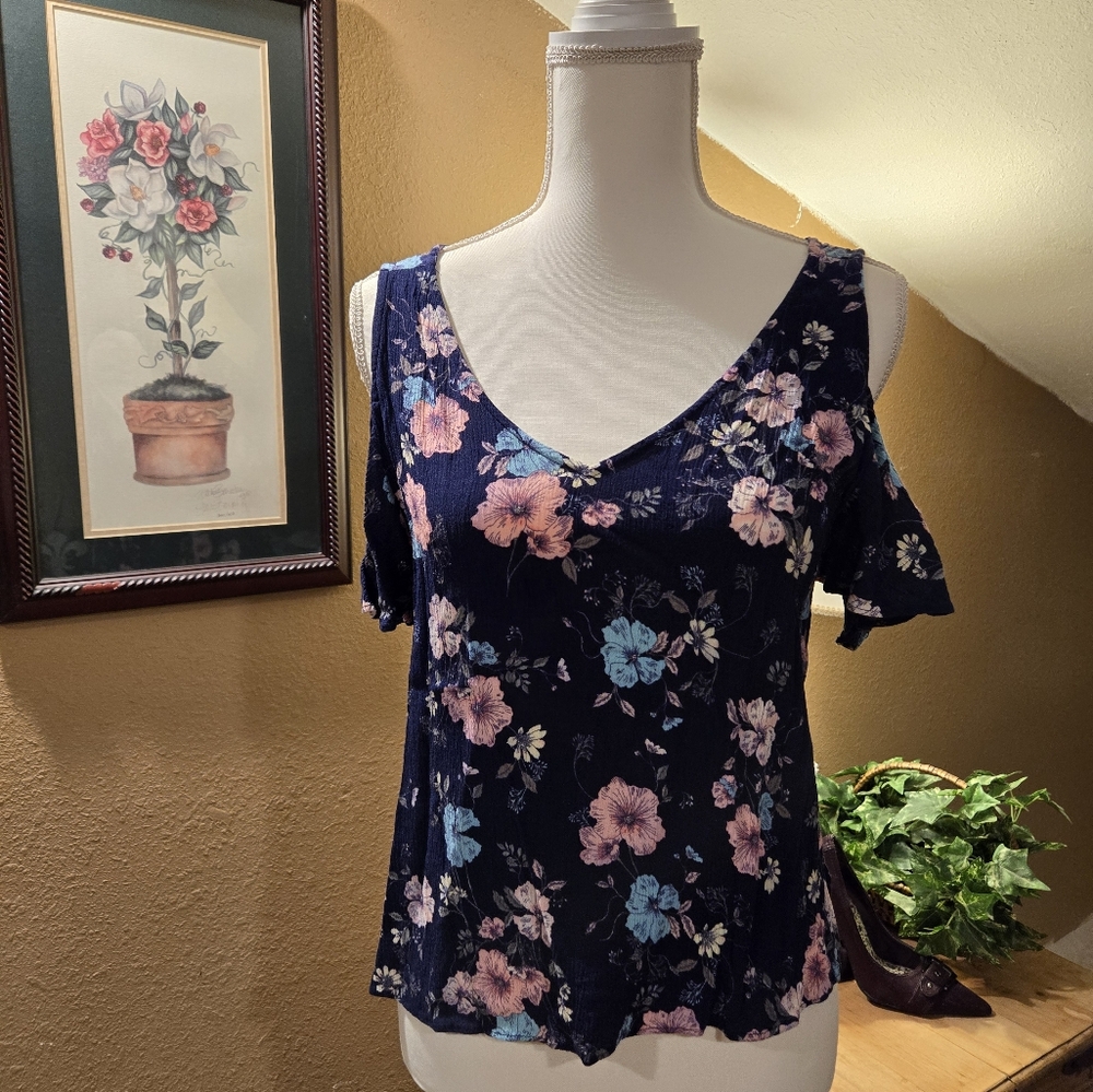 Ana Petite Large Floral peek-a-boo Shoulder Blouse